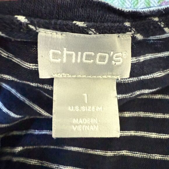 Chico's 100% Linen Boat Striped Cropped Nautical Flowy Boxy Summer Top Size M - Picture 2 of 4